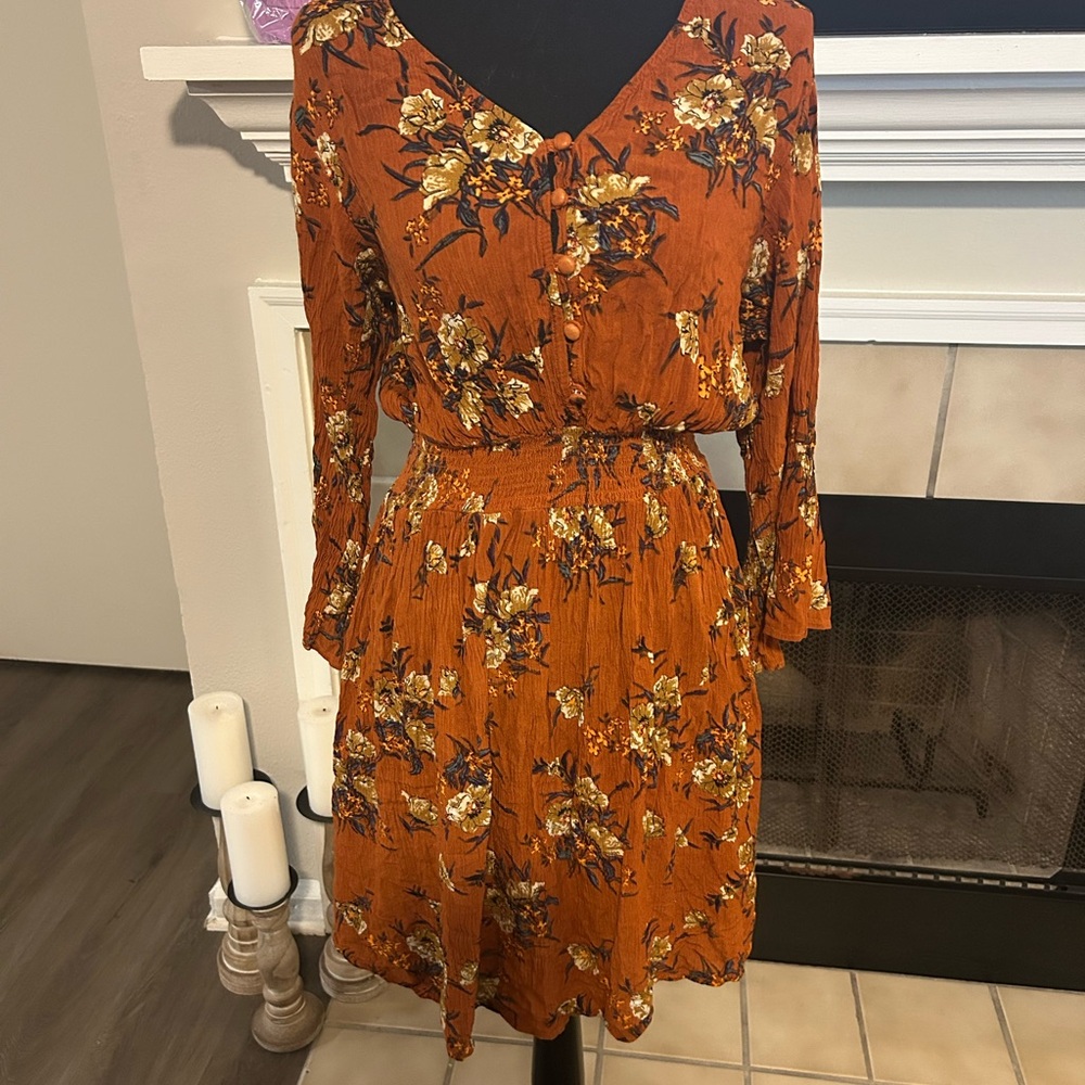 Spring Dress Rust Floral Long Sleeve Dress - Picture 2 of 5